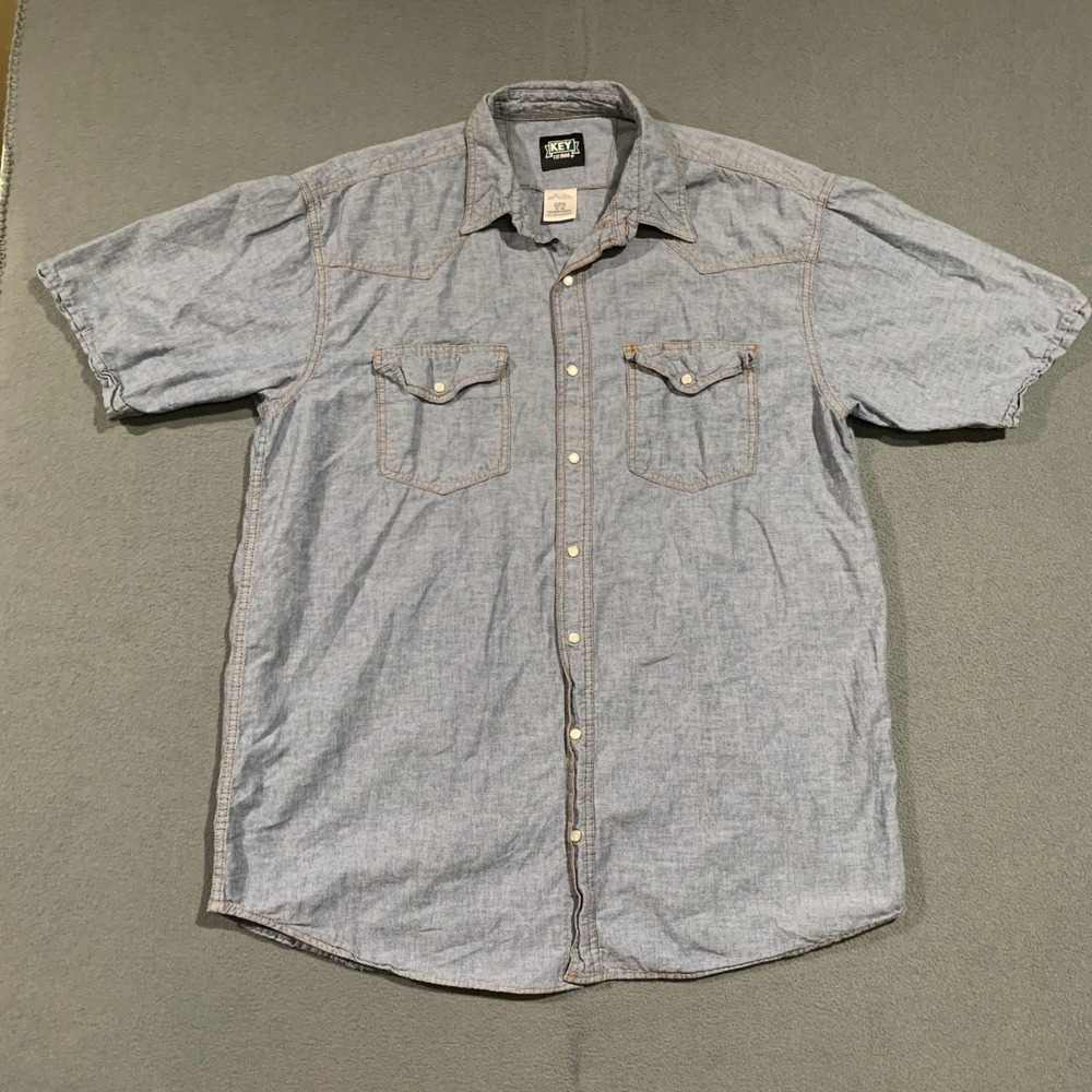 Key Apparel Mens Blue Chambray Short‎ Sleeve Western Pearl Snap Shirt XL Tall